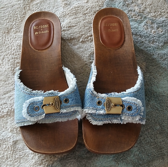 Re/Done Shoes - Re/done X Dr. Scholl's Buckled‎ Clog Denim Sandals